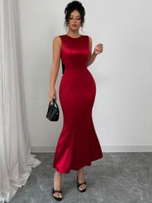 Elenzga Sleeveless Round Neck Lace Hollow Back Bow Mermaid Hem Stretch Satin Fitted Elegant Sexy Dress