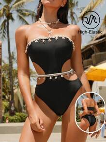 SHEIN Women's Summer Beach One-Piece Swimsuit With Strapless, Shell & Starfish Design, Solid Color