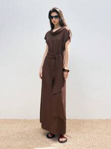 LYSMO 2025 Neuankömmling Damen langes braunes Kleid mit Volantärmeln, Taillenband und Rückenschlitz, Lässig Urlaub, Landhausstil