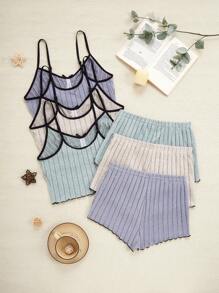 3pcs Set Casual Contrast Color Trim Cami Top & Shorts Pajama, Lounge Outfit - Multicolor - View 2