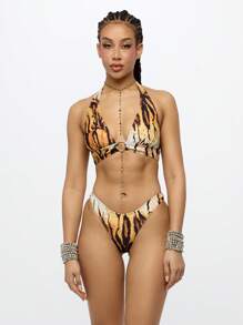 SUMWON WOMEN 优质两件套露背虎纹比基尼套装带水晶链夏季海滩度假装泳池派对泳衣 - 黃色 - 查看 1