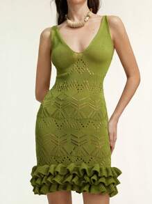 SHEIN LUNE Spring/Summer Women Stylish Hollow-Out Ruffled Mini Dress, Fresh Green Color - Green - View 1