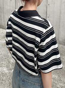 FRIFUL Camiseta holgada de mujer con cuello polo a rayas, manga corta y bloques de color