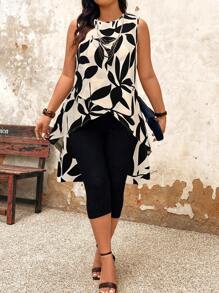 Breezaya 2 buc./Set, mărime mare, culoare contrastantă, imprimeu cu frunze, top fără mâneci și jambiere, vacanță de primăvară/vară - Multicolor - Vizualizare 1