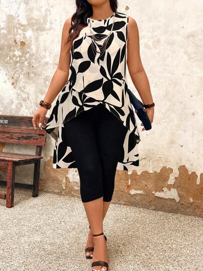 EMERY ROSE 2 pezzi/set Taglie forti Top senza maniche con stampa a foglie a contrasto di colore e leggings, per vacanze primaverili/estive