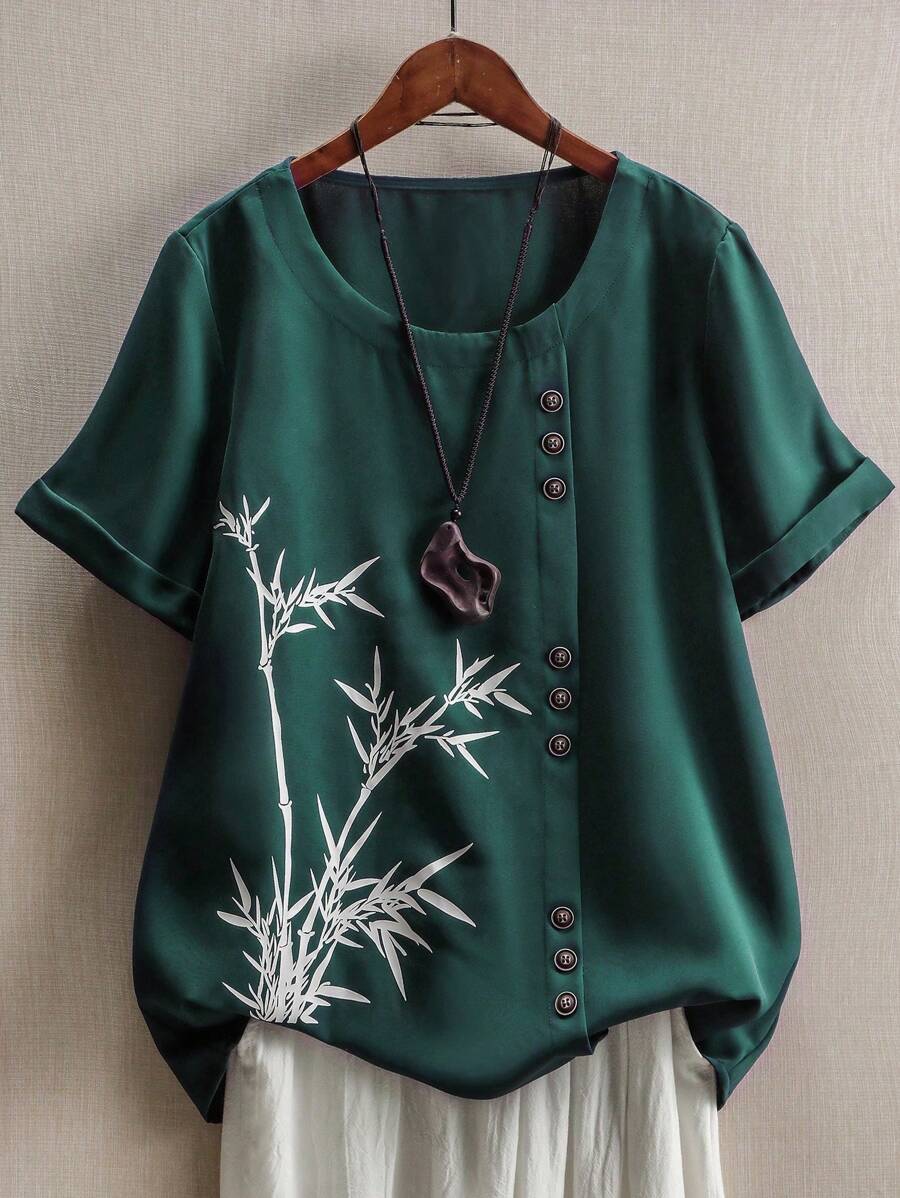 SHEIN LUNE 女士竹叶印花休闲舒适衬衫 - 墨綠色 - 查看 1