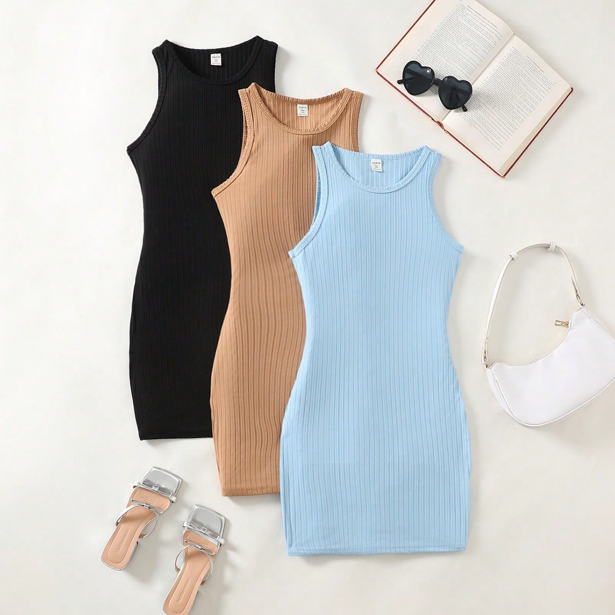 Set de 3 vestidos casuales de punto de cuello redondo sin mangas y ajustados en unicolor para niñas adolescentes