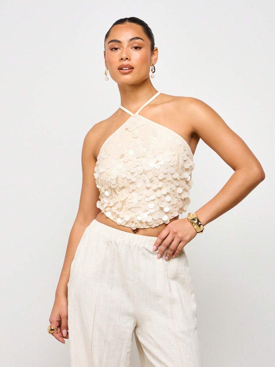 AiiRZ 亮片吊带短款上衣节日派对夏季晚会网眼衬里扇形装饰华丽无袖俱乐部晚装上衣 - 杏色 - 查看 1