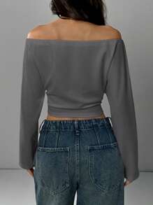 SHEIN EZwear 女士休闲简约纯色露肩短款 T 恤 - 灰色 - 查看 2