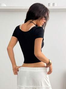 Coolane Women's Spring/Summer Grunge Goth Contrast Lace Virgin Mary Graphics Short Sleeve 2in1 T-Shirt