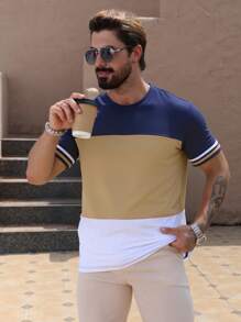 Manfinity Dauomo Camiseta casual ajustada de cuello redondo con mangas cortas a rayas y contraste de color para hombre