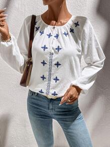 SHEIN LUNE Damen Rundhals geraffter Knopf Halbgeöffneter Laternenkrempel Stickerei Baumwolle Lässig Urlaubs Elegante Bluse