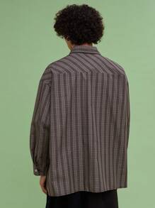 COUREZ Unisex Women Men Oversized Long Sleeve Check Shirt Y2K Vintage Cotton - Brown - View 5