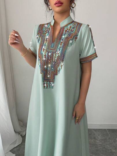 Rafferiza Contrast Embroidery Stand Collar Rhinestone Decor Loose Long Dress For Women