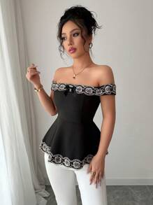 Chiquease Elegant Off-Shoulder Gold Embroidered Ruffle Waist Blouse, Spring/Summer - Black - View 5
