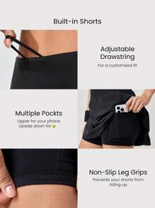 GLOWMODE VitalSwift 速干口袋抽绳褶皱迷你裙内置短裤轻度支撑网球高尔夫健身房夏季速干吸湿排汗