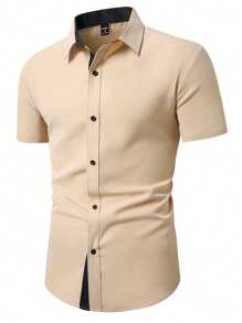 Manfinity Mode Men's Casual Commuter Contrast Color Patchwork Short Sleeve Shirt - Khaki - View 8