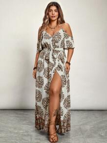 Freevana 加大码女式热带植物印花露肩侧开衩连衣裙、度假装、沙滩裙、太阳裙、波西米亚风度假装、女式西部装 - 卡其色 - 查看 3