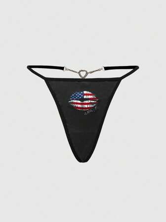 ROMWE Avant Bragas sexy de mujeres con detalle de cadena en forma de corazón y estampado de bandera nacional para fiesta de carnaval