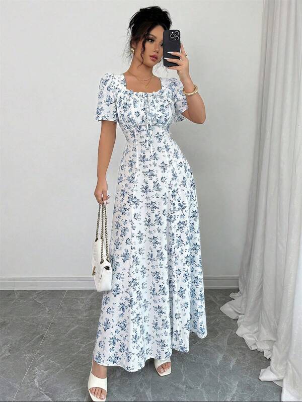 Elenzga Spring/Summer Elegant Vacation Casual Puff Sleeve Square Neck Waisted Slim Long Dress For Women