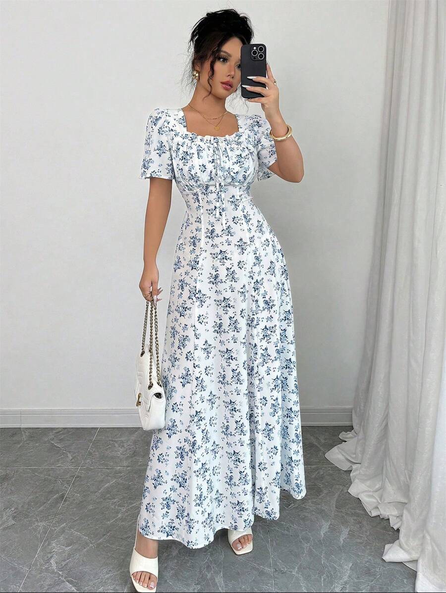 Elenzga Spring/Summer Elegant Vacation Casual Puff Sleeve Square Neck Waisted Slim Long Dress For Women