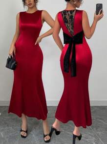 Elenzga Sleeveless Round Neck Lace Hollow Back Bow Mermaid Hem Stretch Satin Fitted Elegant Sexy Dress