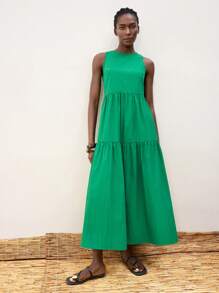 Maija Women's Jade Green Oversized Tiered Ruched Design Dress, Comfortable Round Neck Sleeveless Horizontal Split Patchwork Two-Piece Dress, Suitable For Spring/Summer, Beach, Boho, Resort Wear Modern Urban Casual Fashion Business Casual Women's Office Wear Low-Key Old Money Style Effortless Temperament High-End Urban Commuting High-Quality Airport Women's Wear High-End Material - Green - View 4