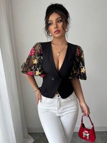 Elenzga Floral Embroidered Mesh Patchwork Lightweight Blazer - Black - View 4