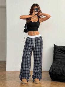 Coolane Women's Summer Streetwear Going Out Casual Loose Checked Wide Leg Pants
