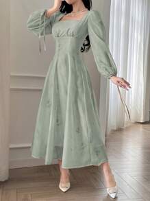 DAZY Đầm voan in hoa dài đến bắp chân dành cho nữ, thích hợp cho buổi hẹn hò đầu tiên vào mùa xuân/thu, đầm tay dài thanh lịch, đầm lễ Phục sinh. - màu xanh lá - Xem 5