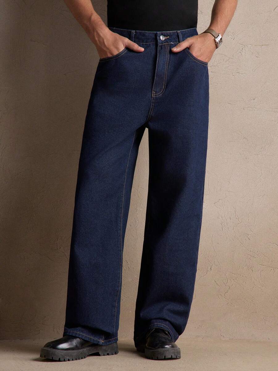 AKNOTIC 男士深蓝色梭织中腰直筒休闲牛仔裤，适合日常穿着、夏季、度假、派对、男士礼物、通勤、上学、狂欢 - 藏蓝色 - 查看 1