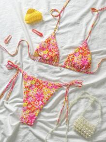 Swim Mod 女士夏季随机印花细肩带珍珠装饰性感比基尼套装