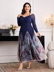 Modelyn Plus Size Women Floral Print Off Shoulder Long Sleeve Elegant Dress - Navy Blue - View 7