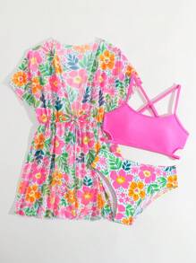 Tween Girl Floral Print 3-Piece Swimsuit Set,White,Summer,Boho,Pool Party,Vacation,Holiday Beach Clothes Girls 14y - Pink - View 5