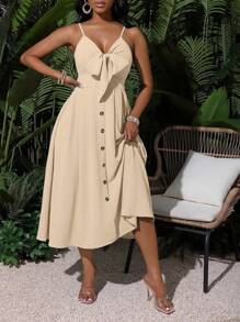 SHEIN Clasi 女士纯色节日细肩带连衣裙长款女装 - 杏色 - 查看 3