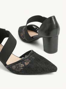 CUCCOO CHICEST Women's Summer New Lace Mesh Breathable Elastic Pointed Toe Chunky Heel Elegant Graceful Lace Wedding Black High Heels, Hollow Slip-On Formal Party Banquet Guest Dress Shoes - Black - View 10