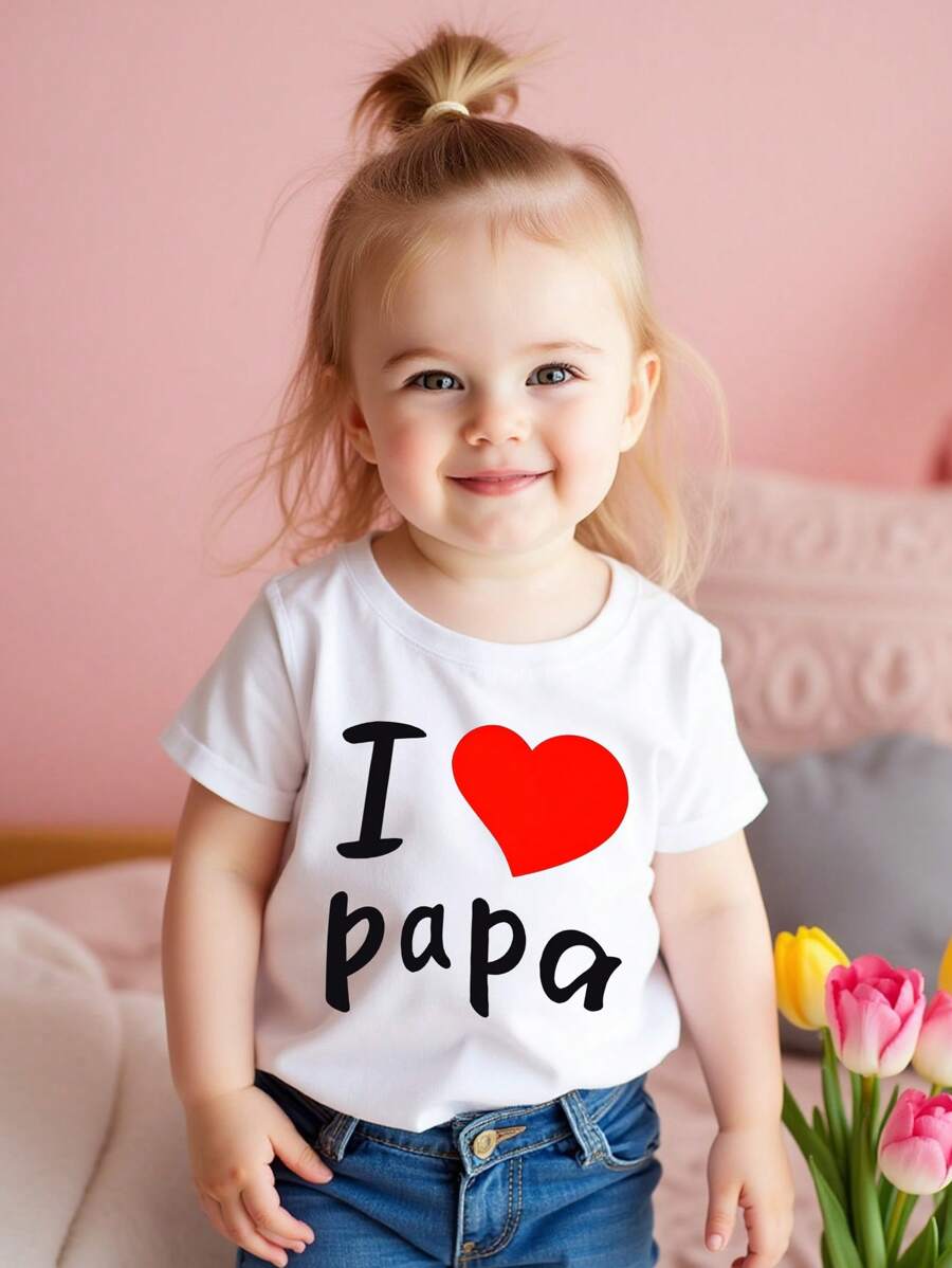 SHEIN Baby Girl Minimalist Fashion Letter Print Short Sleeve T-Shirt, Summer - White - View 1