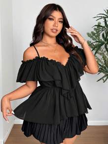 SHEIN Clasi Plus Size Women Solid Color Ruffle Off Shoulder Fashion Blouse - Black - View 1