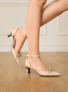 CUCCOO HITCHD Women's Pointed Toe Hollow Out Mid Heel Sandals With Bowknot & Rhinestones, Summer Slip-On Shoes - Gold - View 9