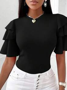 INAWLY Women's Solid Color Round Neck Ruffle Sleeve Fitted Casual T-Shirt - Black - View 1