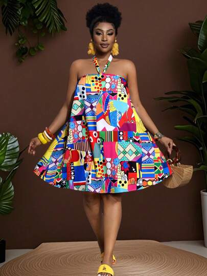 Slaydiva Vestido casual tipo halter sin mangas de estilo occidental para mujer talla grande