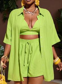 Slaydiva Plus Size 3pcs/Set Casual Vacation Outfit, Including Loose Short Sleeve Shirt, Short Camisole, And Shorts For Women,Holiday Outfits - Green - View 10