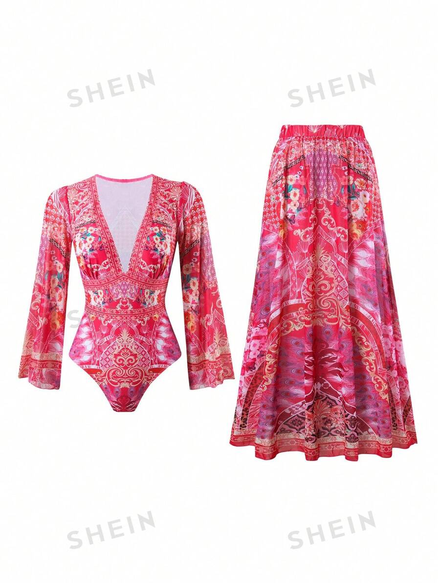 Swim Oasis Conjunto de ropa de playa de mujer que incluye una blusa de manga larga con cuello en V profundo y estampado floral aleatorio de tul, y un conjunto de tankini estampado con flores vintage. Elegante atuendo de verano para la playa.