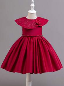 Glamorique Kids Little Girls Cute & Sweet Beach Holiday Dress, Red Flower Girl Wedding Dress, Sleeveless Beaded Back 3D Floral Decor Princess Gown Young Girls Clothing Dresses Young Girl Dress Formal - Red - View 1