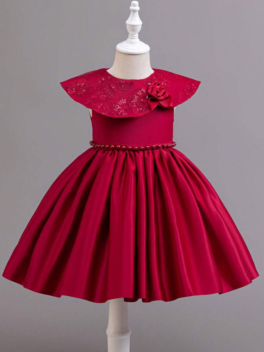 Glamorique Kids Little Girls Cute & Sweet Beach Holiday Dress, Red Flower Girl Wedding Dress, Sleeveless Beaded Back 3D Floral Decor Princess Gown Young Girls Clothing Dresses Young Girl Dress Formal - Red - View 1