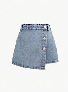 Falda pantalón vaquera casual y holgada con varios colores lavados, diseño bordado de moño, versátil, sencilla y de moda para uso diario para niña joven