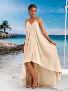 Slaydiva 2025 Summer New Arrival Music Festival, Easter, Western, Nomadic, St. Patrick's Day, Birthday Party, Graduation, Student, Casual, All-Match Matching, Leisure, Vacation, Cruise Travel, Beach, Sunbathing, Viral Asymmetrical Hem, Back Tie, V-Neck, Flared A-Line, Apricot Color Women Dress