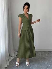 Elenzga فستان للسيدات أنيق أحادي اللون بلا أكمام ، مزين بياقة التيمور المزيف والذيل المزري، خصر ذو تنحية الخصر، مناسب للذهاب إلى العمل، للربيع والصيف