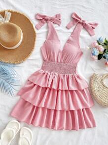 Soleia Women's Vacation Romantic Pink Bubble Wrinkled Fabric V-Neck Tie Shoulder Bow Cinched Waist 3-Layer Ruffle Hem Mini Dress, For Party, Date, Afternoon Tea - Pink - View 4
