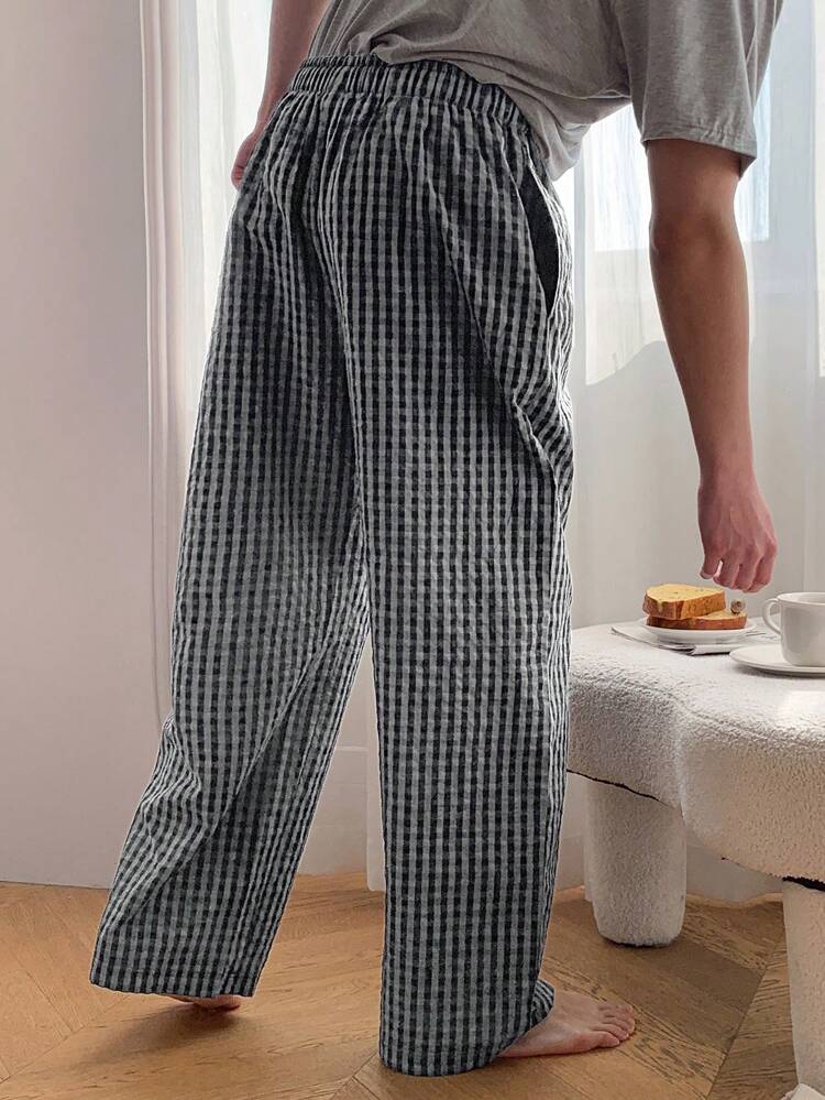 Spring Men's Plaid Textured Fabric Lounge Pants, For Fall Pajama, Winter